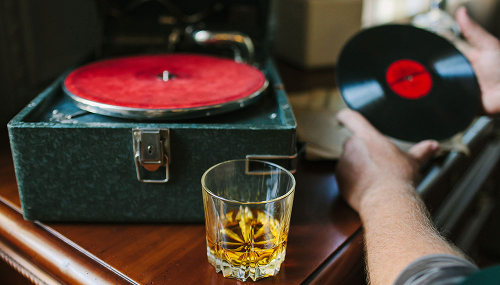 record player with cocktail