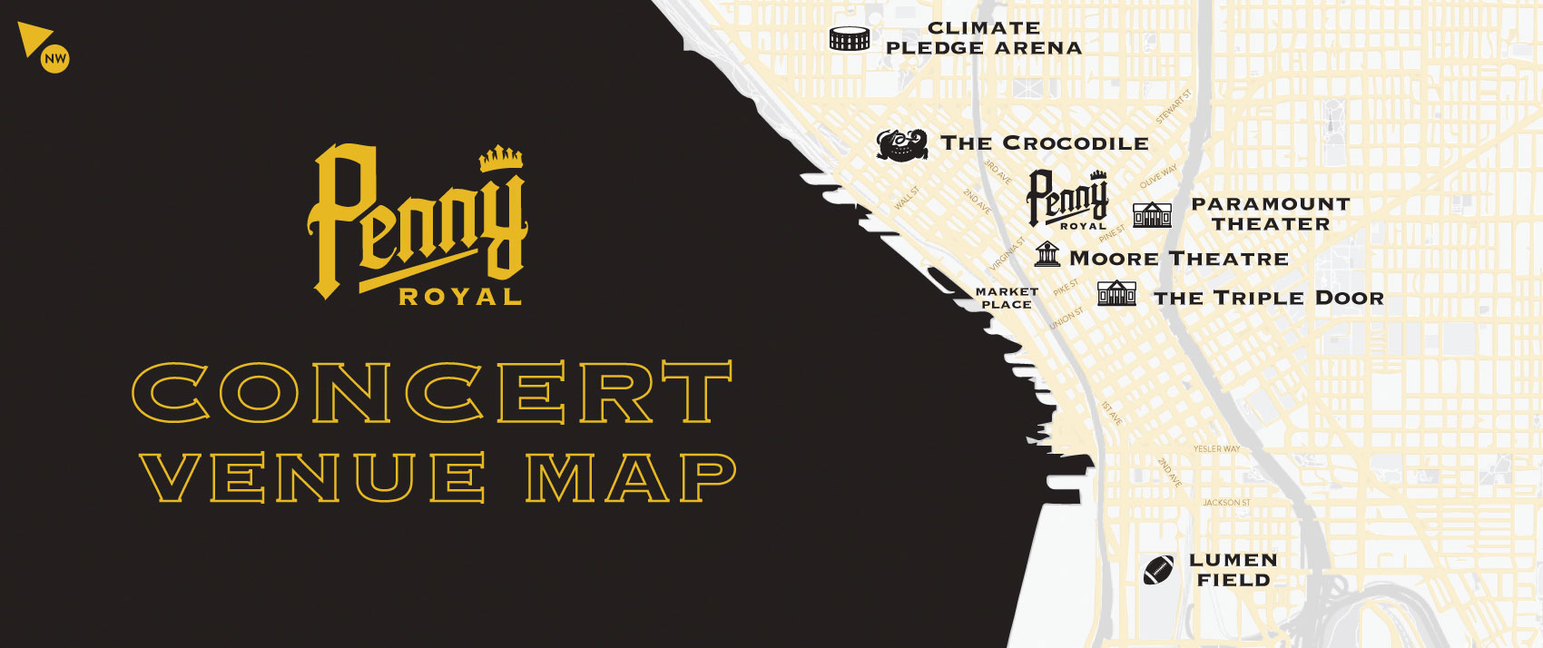 Map of Seattle showing Pennyroyal's proximity to Seattle's best concert venues.